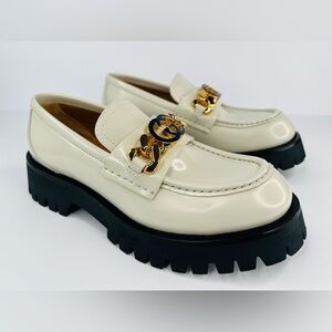 Gucci Jeanne GG Logo Chain Cordovan Lux Moc Toe Platform Loafers Size EU 40